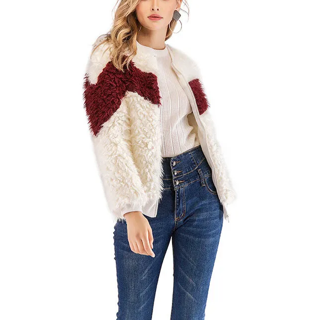 Round Neck Stitching Plush Long Sleeve Color Matching Woolen Short Coat