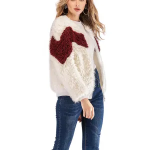 Round Neck Stitching Plush Long Sleeve Color Matching Woolen Short Coat