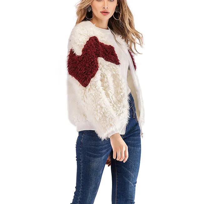 Round Neck Stitching Plush Long Sleeve Color Matching Woolen Short Coat