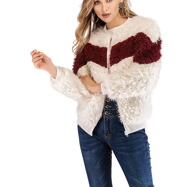 Round Neck Stitching Plush Long Sleeve Color Matching Woolen Short Coat