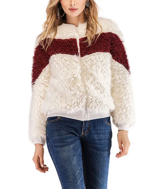 Round Neck Stitching Plush Long Sleeve Color Matching Woolen Short Coat