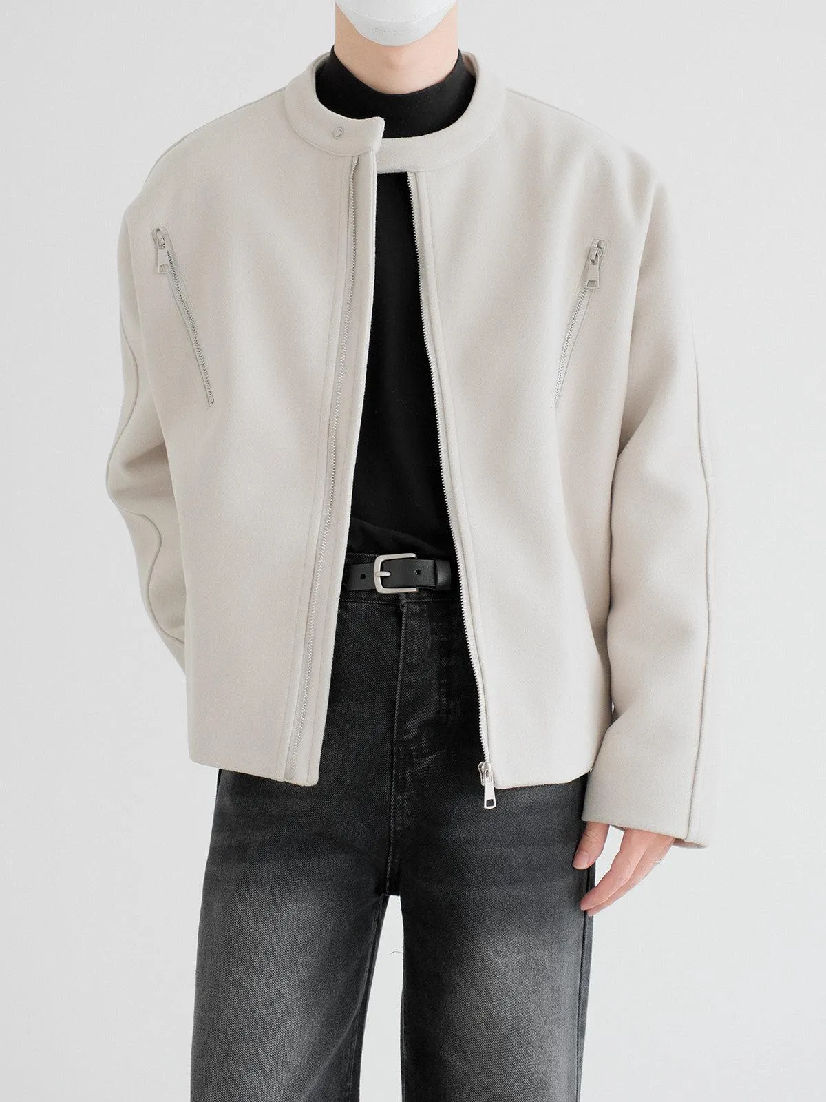 Round Neck Zippered Woolen Jacket