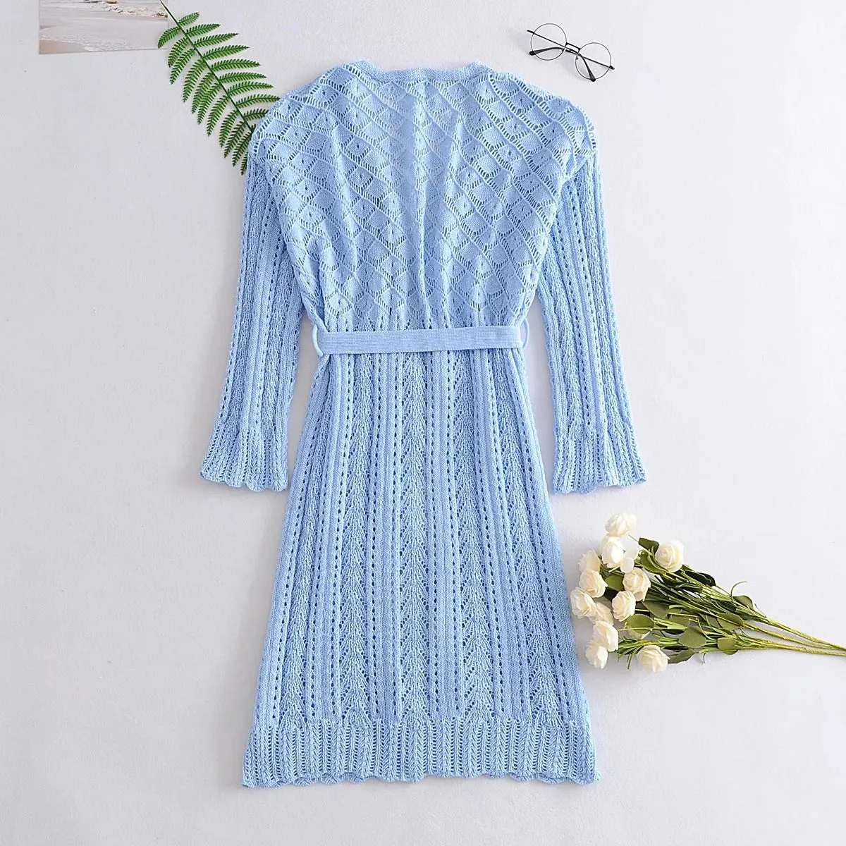 Ruffles Neck Hollow Out Lace-up Knitting Cardigans