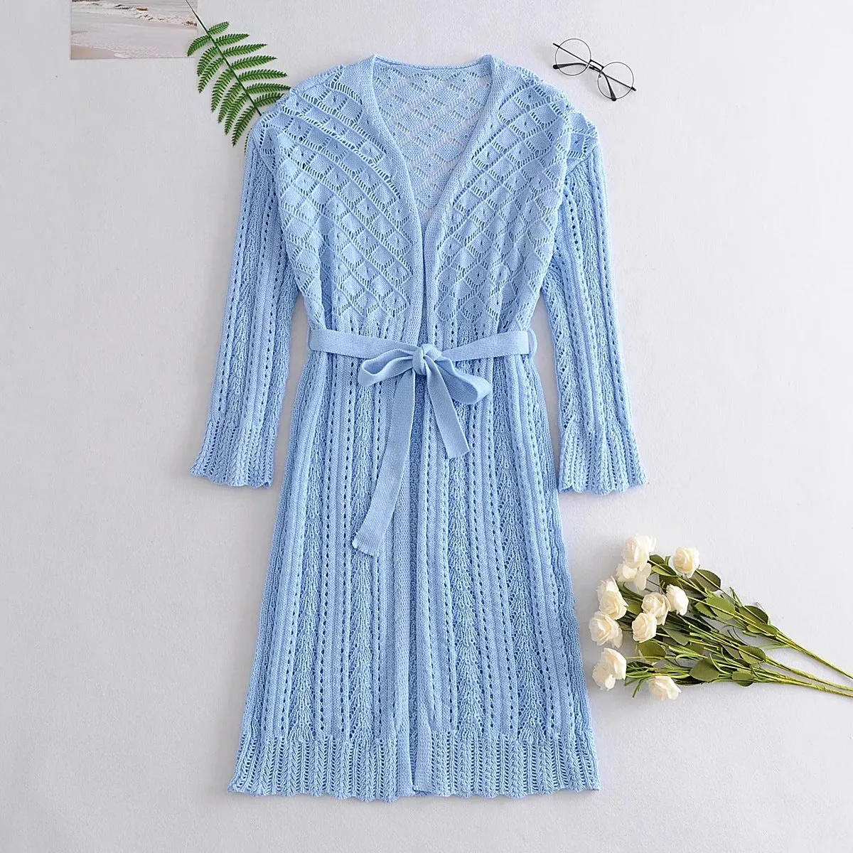 Ruffles Neck Hollow Out Lace-up Knitting Cardigans