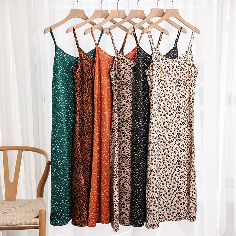 S-4XL Korean Shining Polka Dot Summer Women Dress Spaghetti Strap Boho Leopard Print Maxi Party Vestidos Plus Size M30262