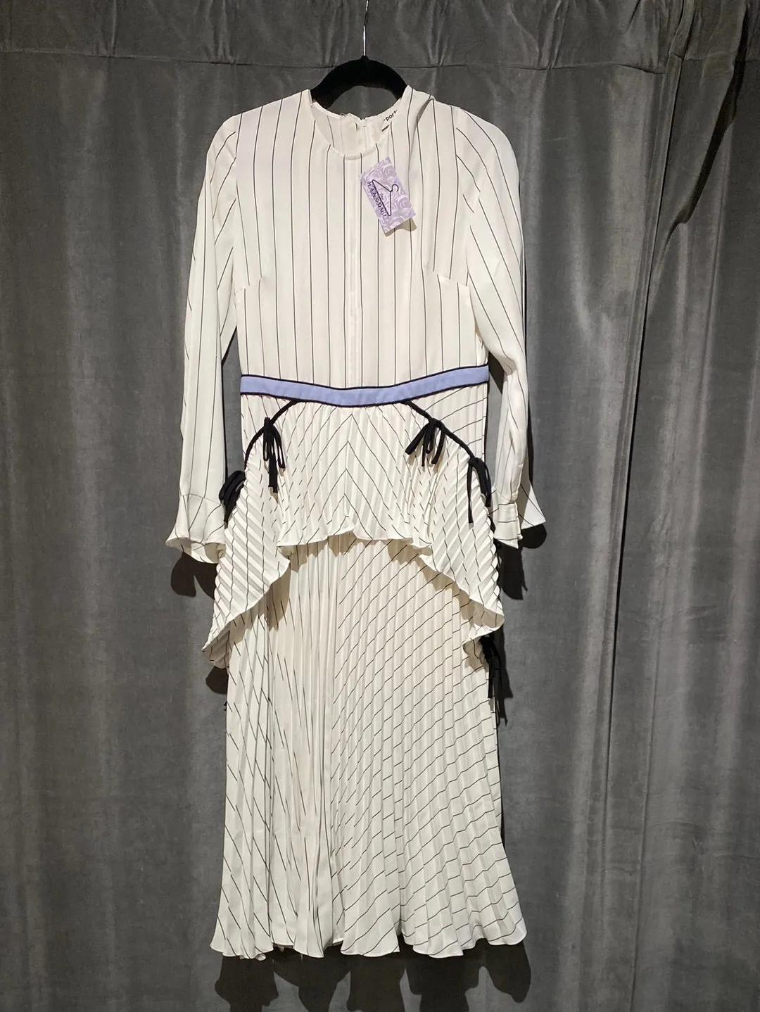 Self-Portrait White and Black Long Sleeve Maxi Dress with Light Blue Sash