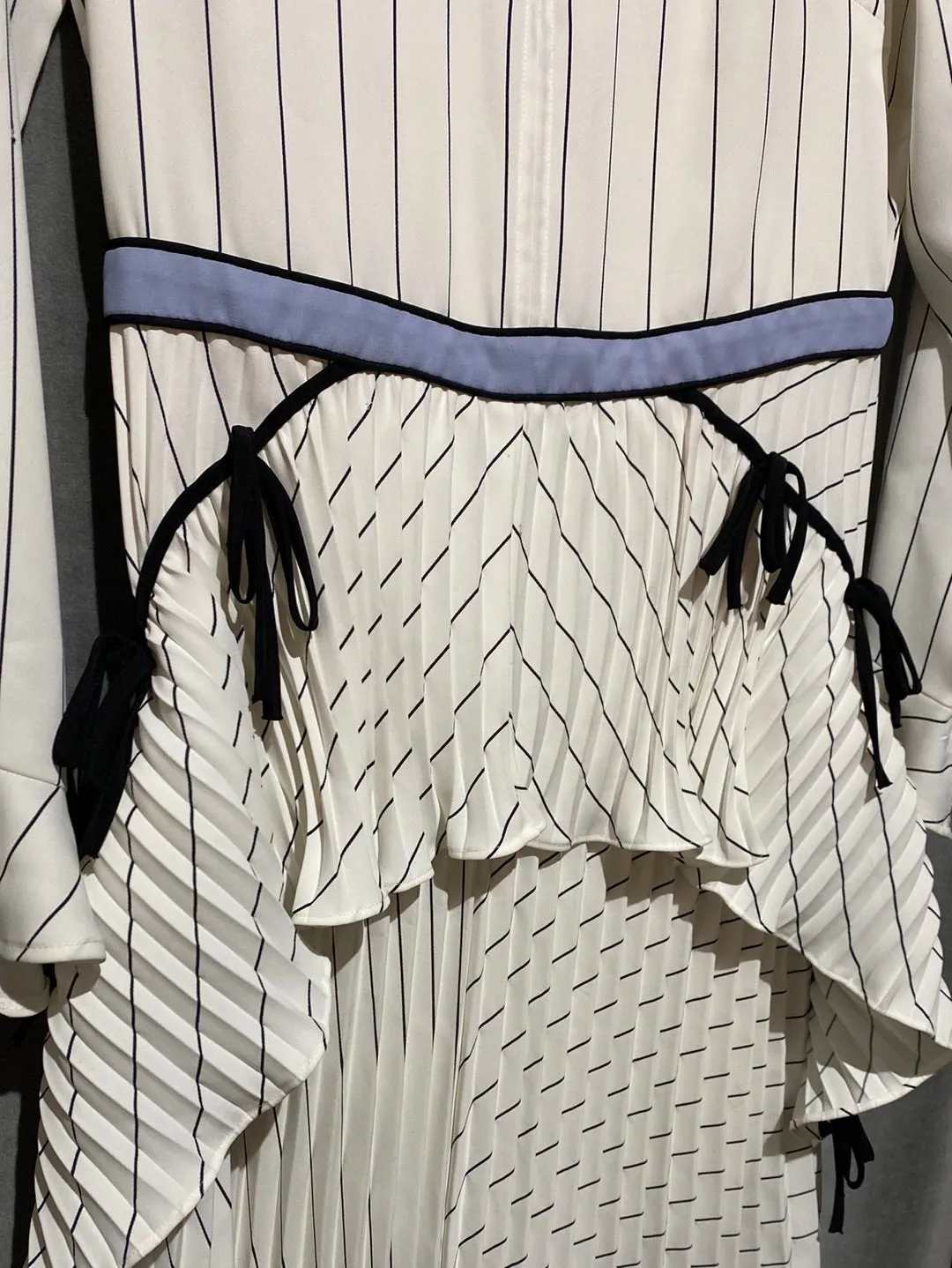 Self-Portrait White and Black Long Sleeve Maxi Dress with Light Blue Sash