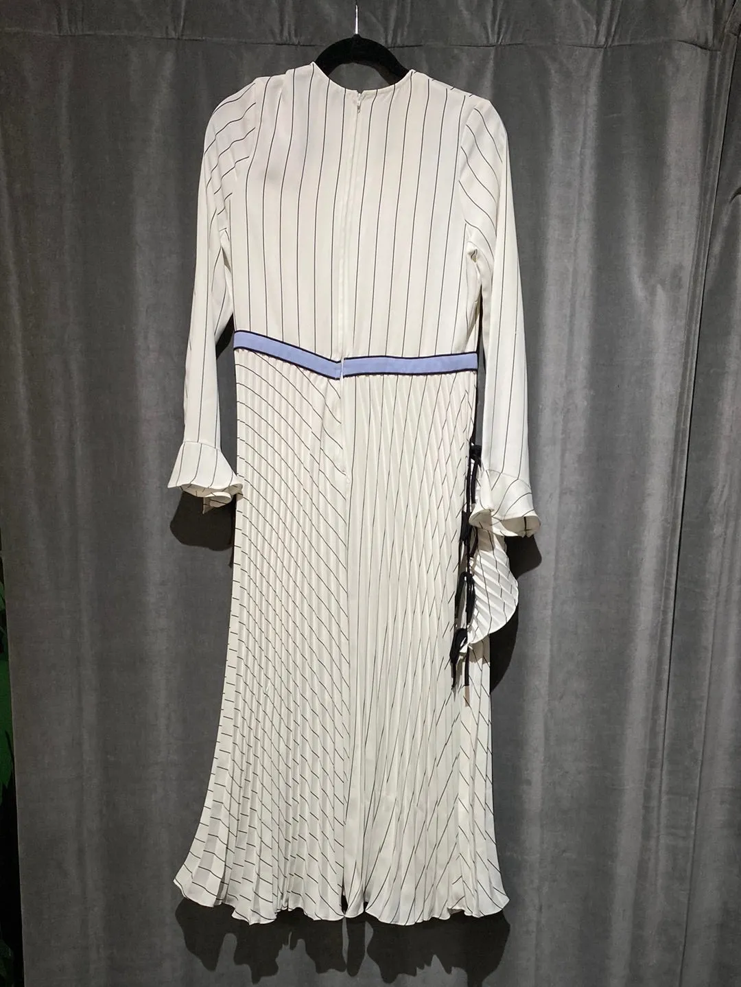 Self-Portrait White and Black Long Sleeve Maxi Dress with Light Blue Sash