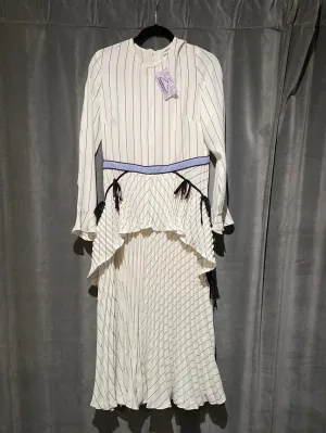 Self-Portrait White and Black Long Sleeve Maxi Dress with Light Blue Sash