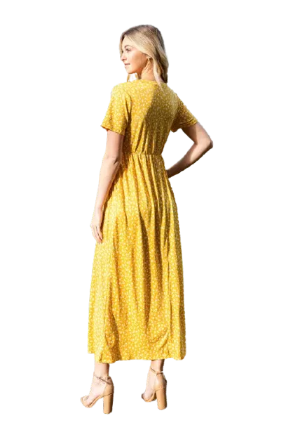 Short Sleeve Ditsy Floral Elastic Waist Maxi Dress Mustard Ivory - Pack of 6
