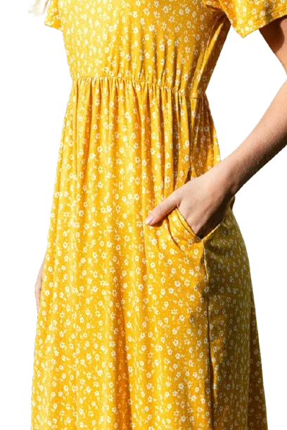 Short Sleeve Ditsy Floral Elastic Waist Maxi Dress Mustard Ivory - Pack of 6