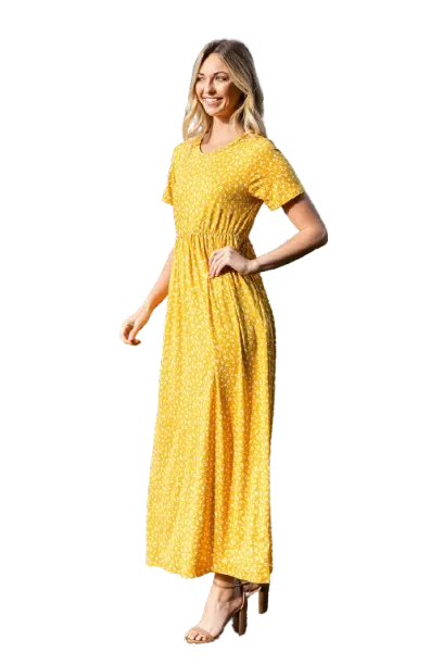 Short Sleeve Ditsy Floral Elastic Waist Maxi Dress Mustard Ivory - Pack of 6