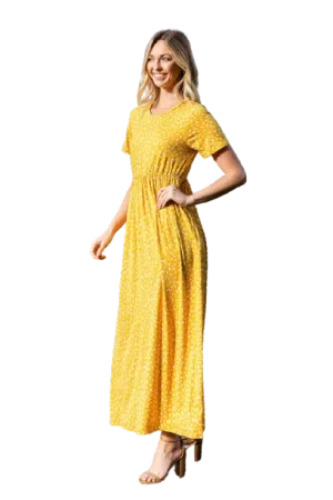 Short Sleeve Ditsy Floral Elastic Waist Maxi Dress Mustard Ivory - Pack of 6