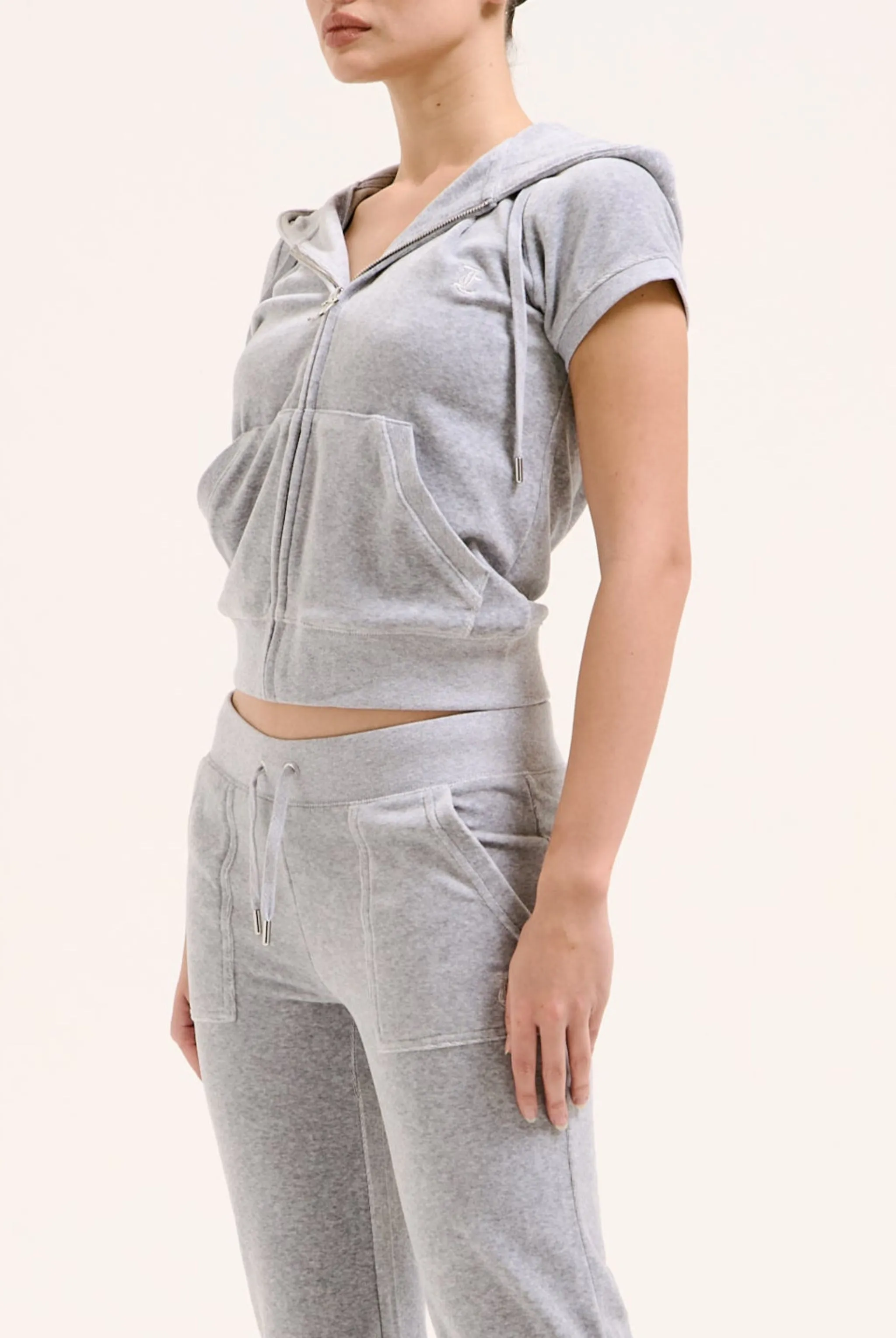 SILVER MARL COTTON VELOUR SHORT SLEEVE HOODIE
