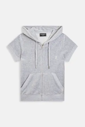 SILVER MARL COTTON VELOUR SHORT SLEEVE HOODIE