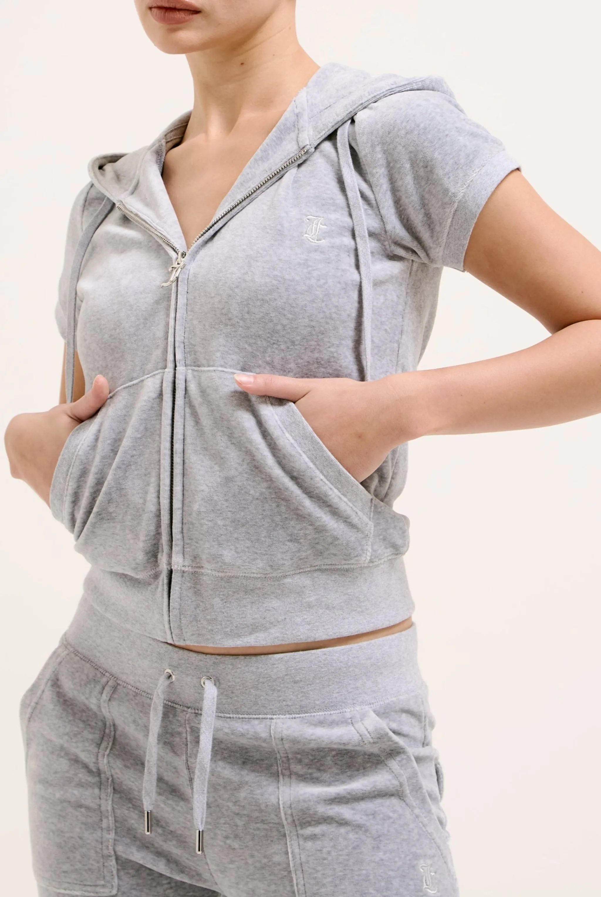 SILVER MARL COTTON VELOUR SHORT SLEEVE HOODIE