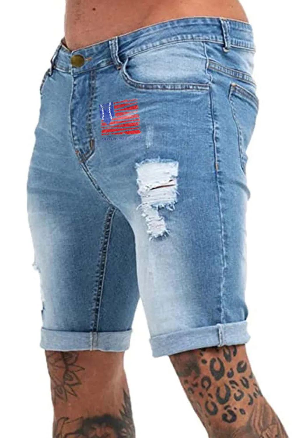 Sky Blue American Flag Print Rolled Hem Ripped Skinny Denim Shorts