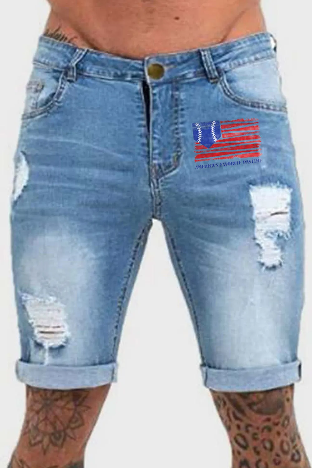 Sky Blue American Flag Print Rolled Hem Ripped Skinny Denim Shorts
