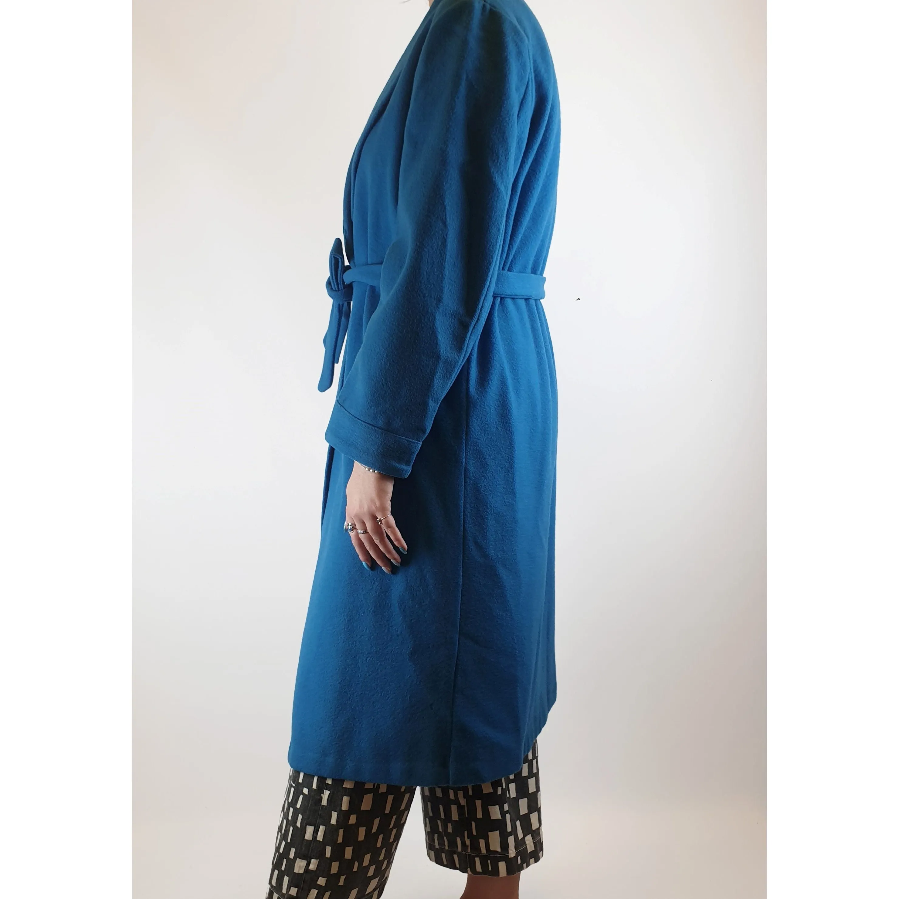 Smartex vintage blue woolen long coat with embroydered collar size M (best fits size 12)