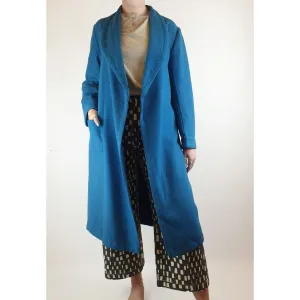 Smartex vintage blue woolen long coat with embroydered collar size M (best fits size 12)