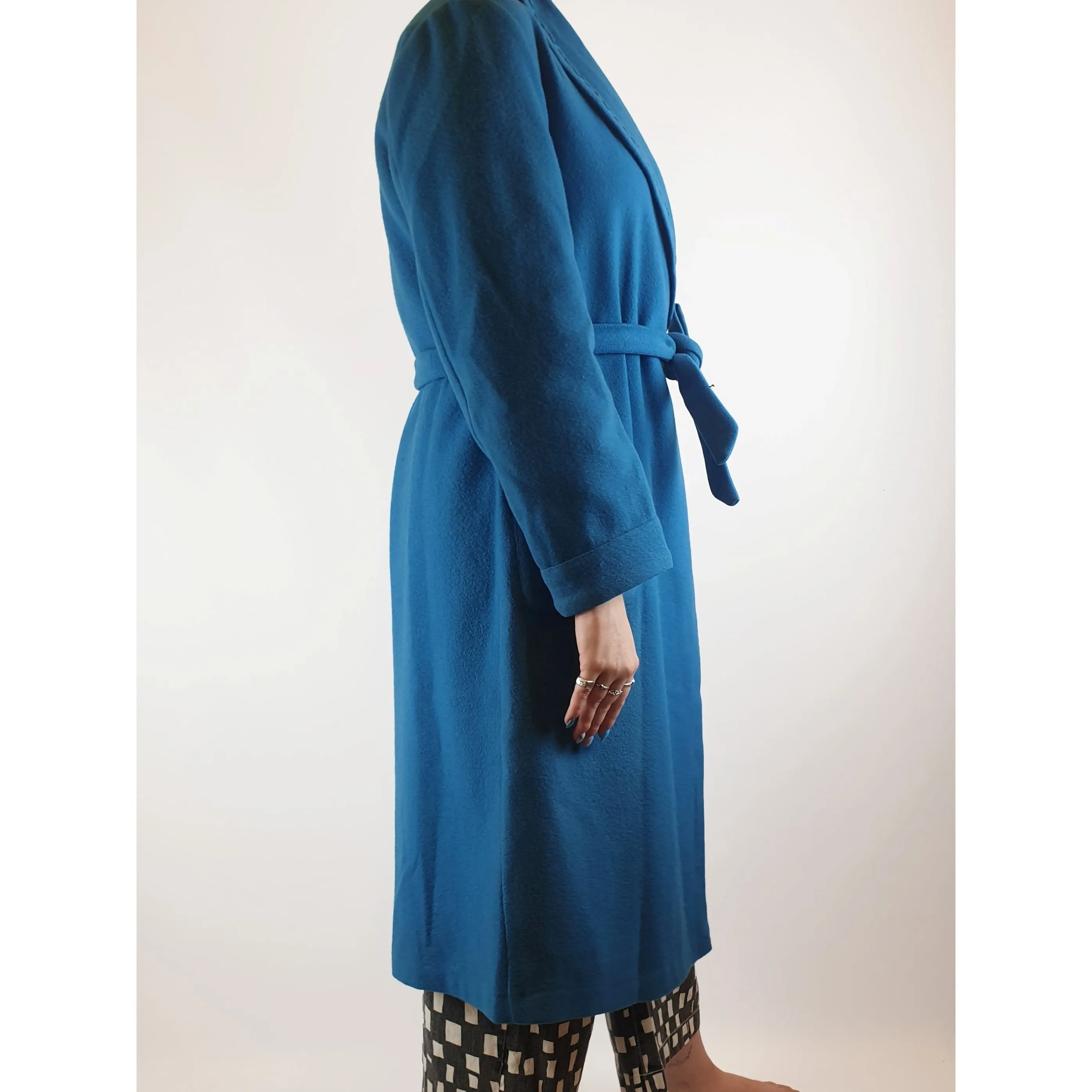 Smartex vintage blue woolen long coat with embroydered collar size M (best fits size 12)