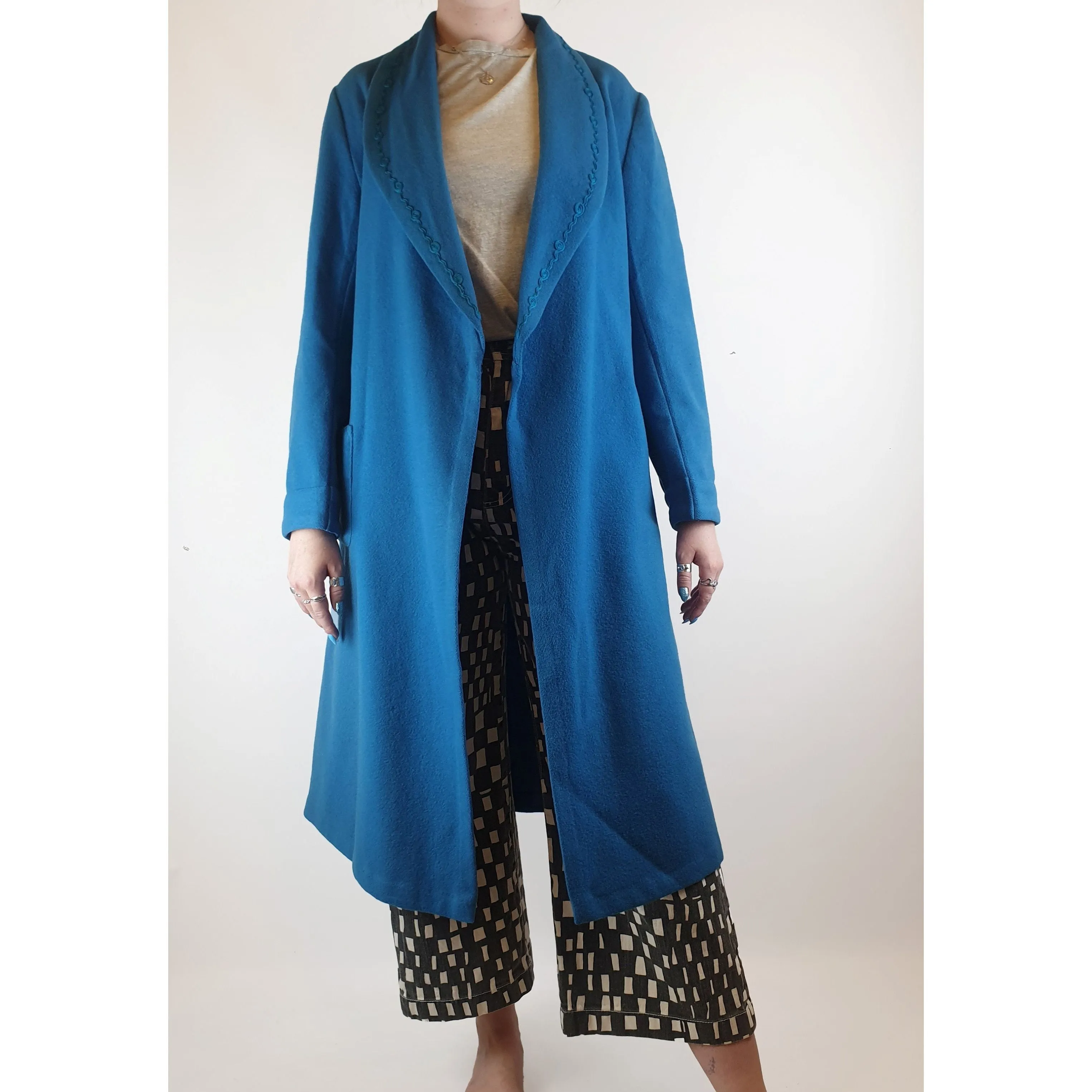 Smartex vintage blue woolen long coat with embroydered collar size M (best fits size 12)