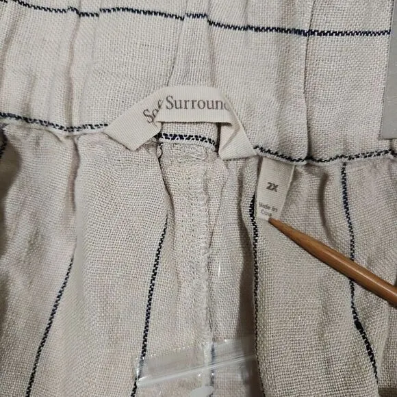 Soft Surroundings Montecito Linen Shorts Tan Khaki Size 2X 22W‎ Stripe Belted