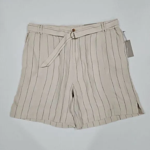 Soft Surroundings Montecito Linen Shorts Tan Khaki Size 2X 22W‎ Stripe Belted