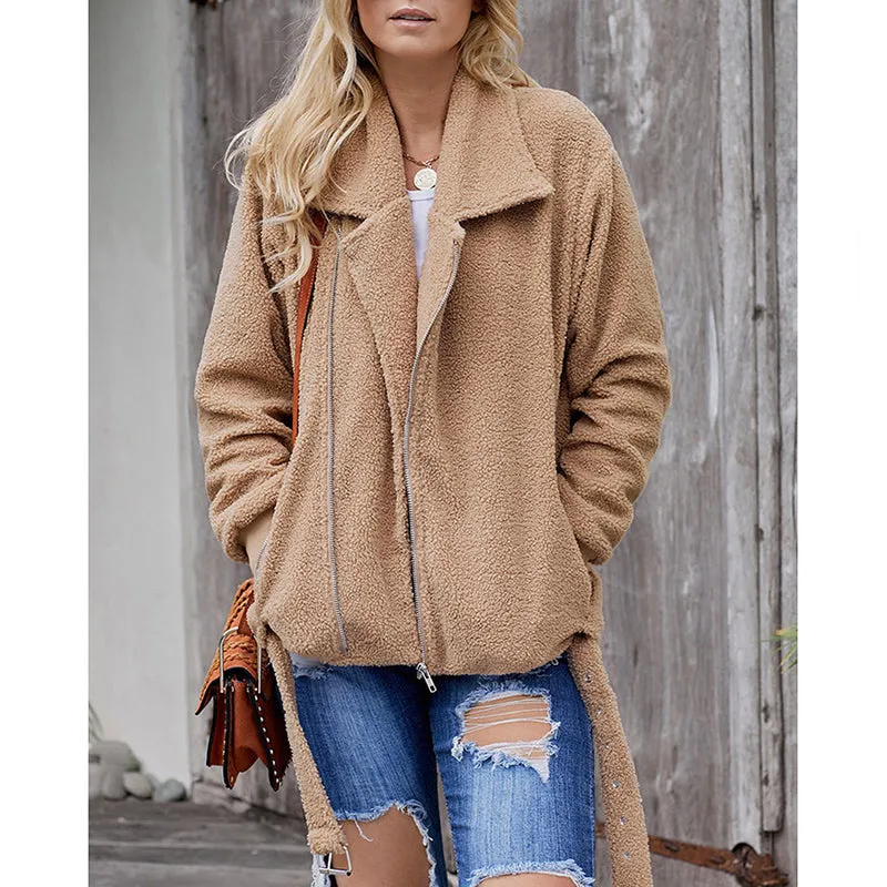 Solid Color Zipper Slim Long-sleeved Woolen Coat