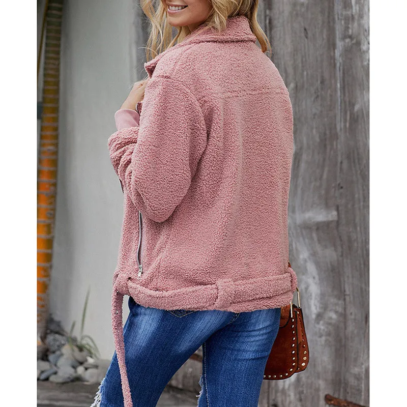 Solid Color Zipper Slim Long-sleeved Woolen Coat