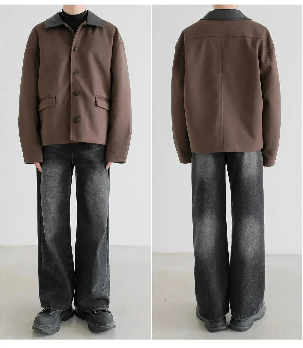Spliced Leather Collar Short Woolen Jacket