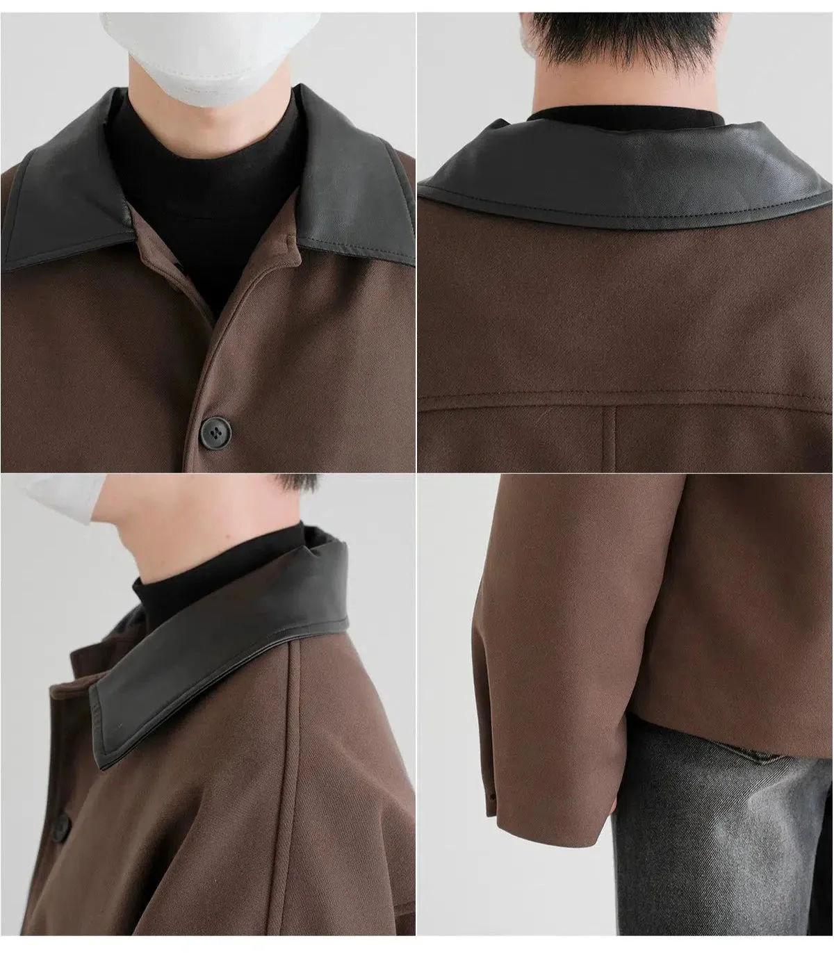 Spliced Leather Collar Short Woolen Jacket