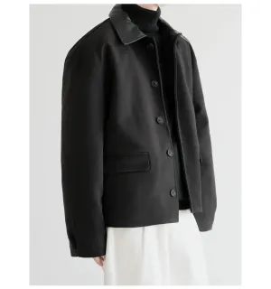 Spliced Leather Collar Short Woolen Jacket