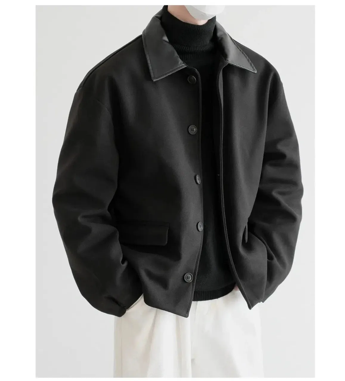 Spliced Leather Collar Short Woolen Jacket
