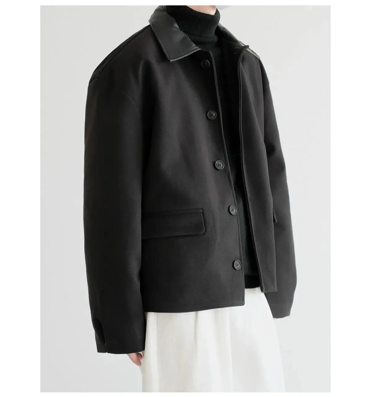 Spliced Leather Collar Short Woolen Jacket