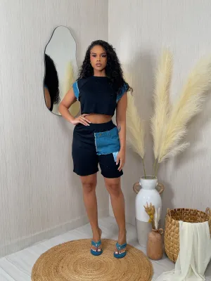 ST4654P - FRENCH TERRY DENIM DETAIL TOP & SHORTS SET