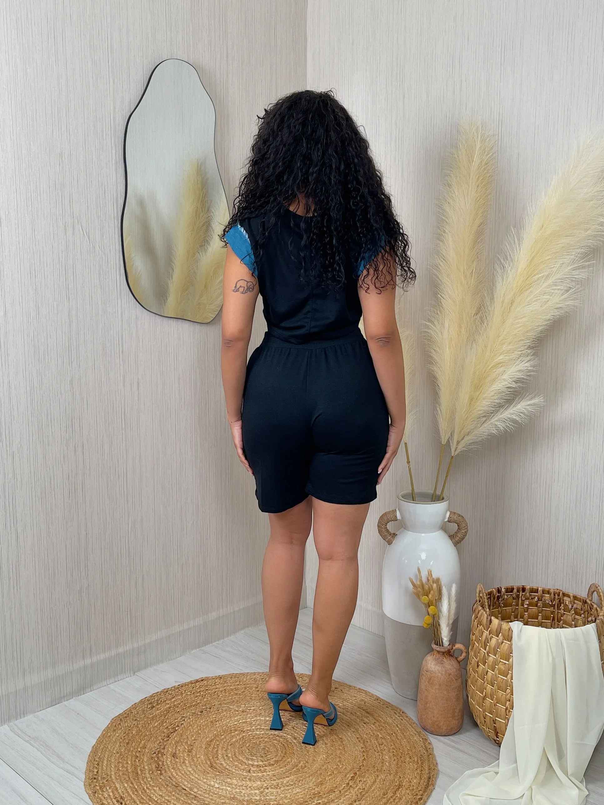 ST4654P - FRENCH TERRY DENIM DETAIL TOP & SHORTS SET