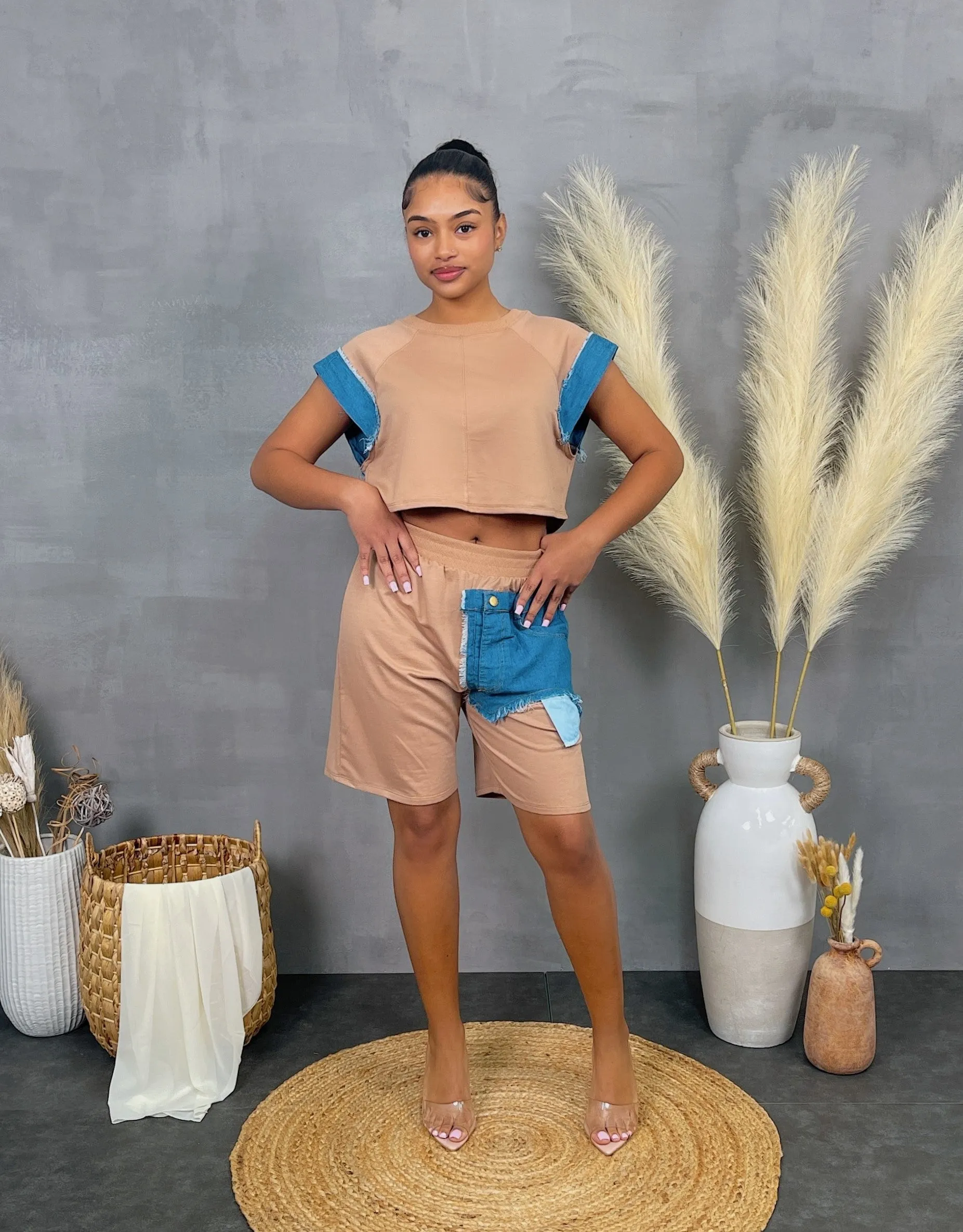 ST4654P - FRENCH TERRY DENIM DETAIL TOP & SHORTS SET