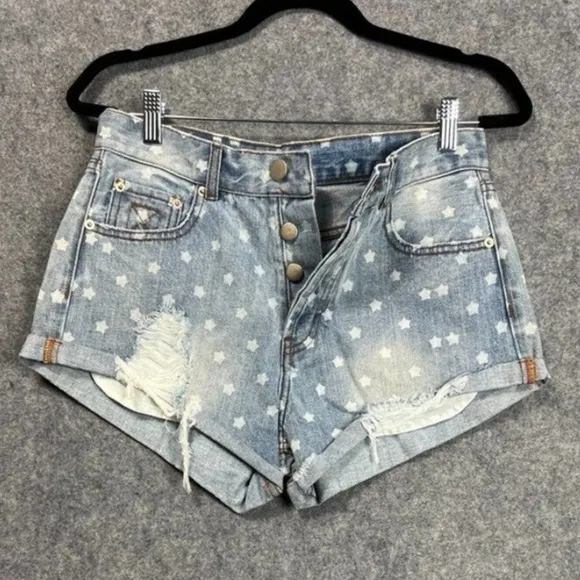 Superdown Revolve Kenzie Star Denim Shorts in Light Blue Wash​​​​​​​​​