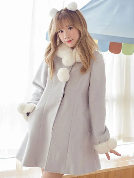 Sweet Lolita Coat Furry Collar Pom Pom Grey Wool Lolita Overcoat