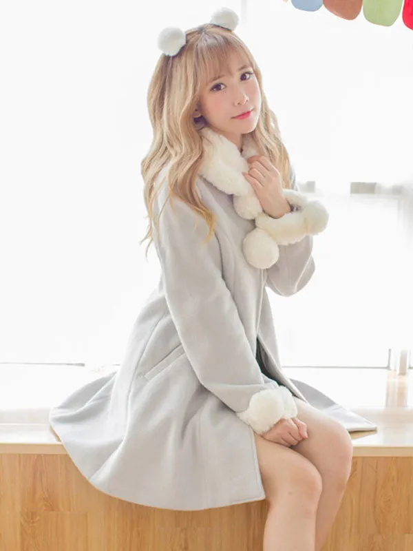 Sweet Lolita Coat Furry Collar Pom Pom Grey Wool Lolita Overcoat