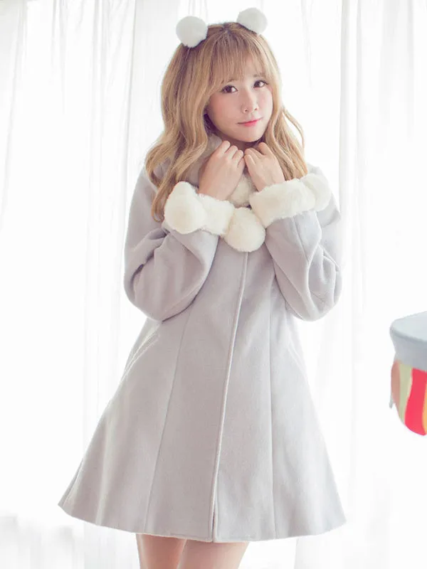 Sweet Lolita Coat Furry Collar Pom Pom Grey Wool Lolita Overcoat