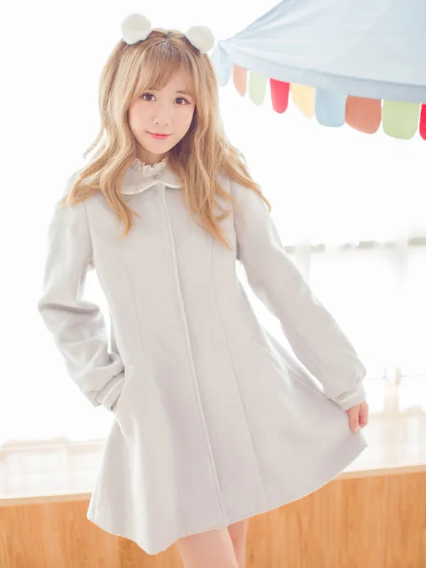 Sweet Lolita Coat Furry Collar Pom Pom Grey Wool Lolita Overcoat