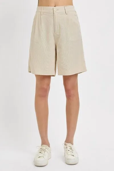 Taupe Color High Rise Pleated Front Shorts