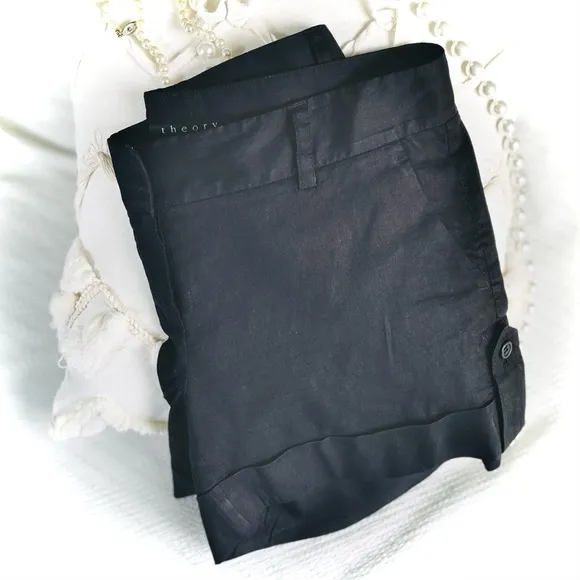 THEORY | 8 | Ruby Black Linen Viscose Lightweight Dress Short Button Cuff Detail
