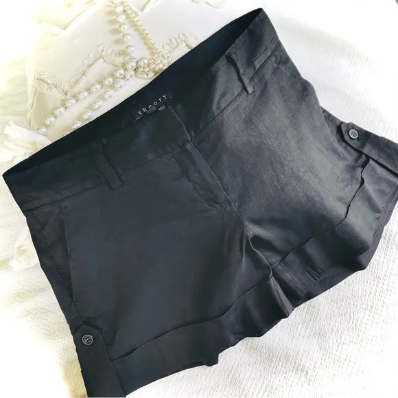 THEORY | 8 | Ruby Black Linen Viscose Lightweight Dress Short Button Cuff Detail