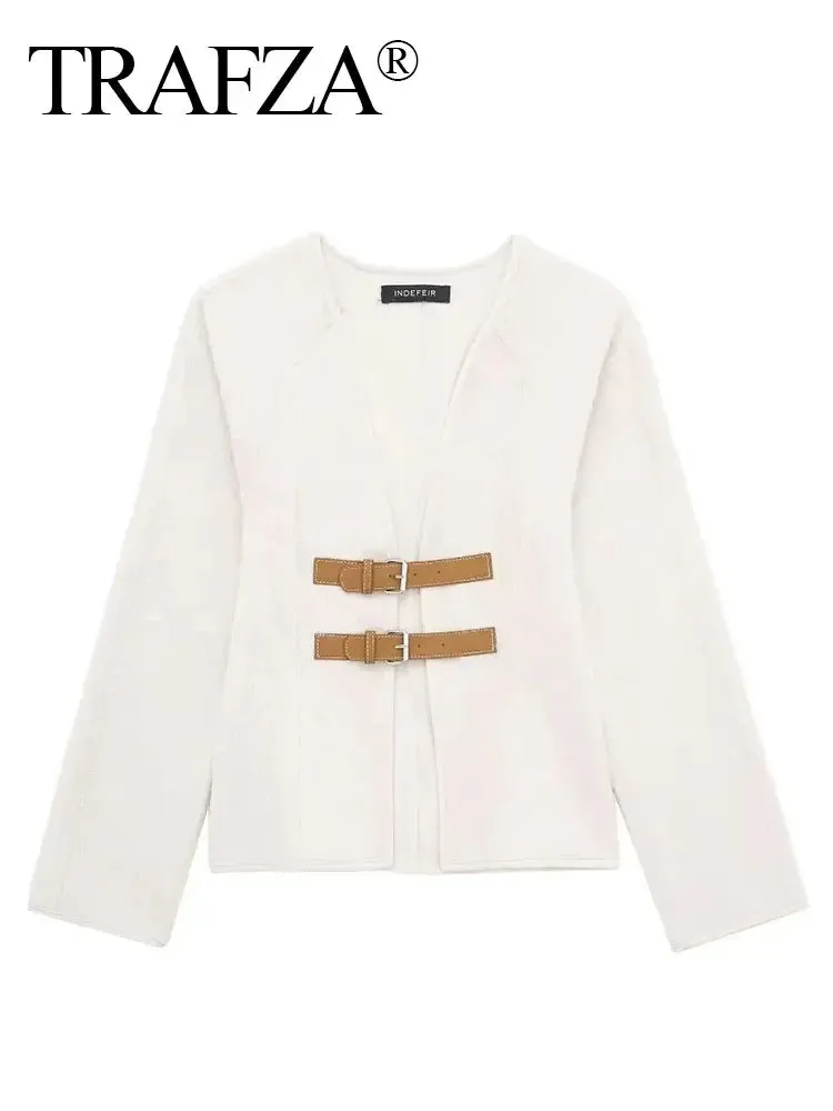 TRAFZA Retro Leather Buckle Woolen Coat Women Fashion Solid V Neck Long Sleeve Beige Jacket Autumn Spring Chic Female Streetwear
