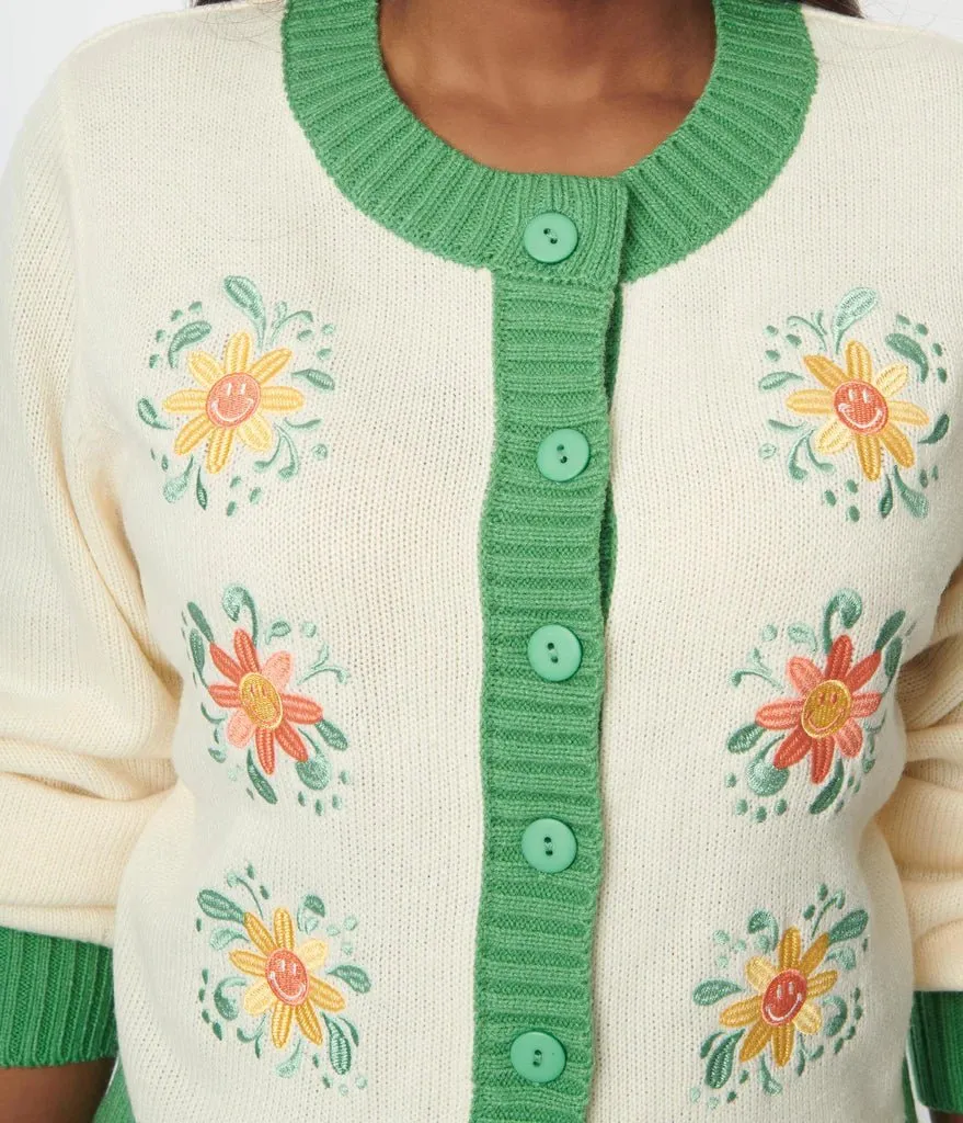 Unique Vintage Smiley® x Ivory & Green Flower Embroidered Cardigan