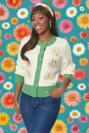 Unique Vintage Smiley® x Ivory & Green Flower Embroidered Cardigan