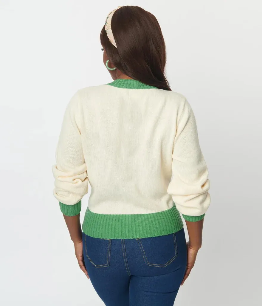 Unique Vintage Smiley® x Ivory & Green Flower Embroidered Cardigan